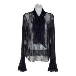 Melanie Lyne Black Sheer Lace Ruffled Tie Long Sleeve Raw Hem Blouse Top Large